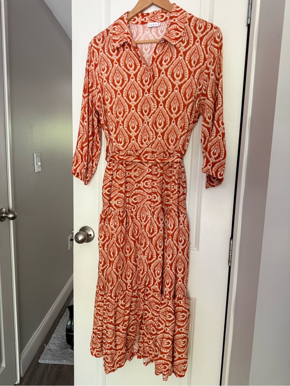 Tie-Waist Orange Tiered Midi Dress with All-Over Boho Print